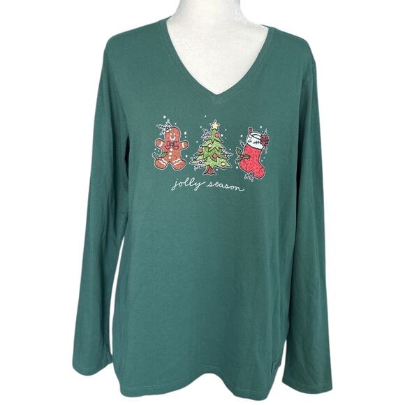 Life is Good Women's Jolly Season Xmas Long Sleeve Crusher Vee Tee Green Large - Picture 2 of 6